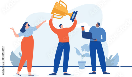Business winners people - Team of three characters holding trophy cup celebrating success and accomplishments. Flat design vector illustration with white background