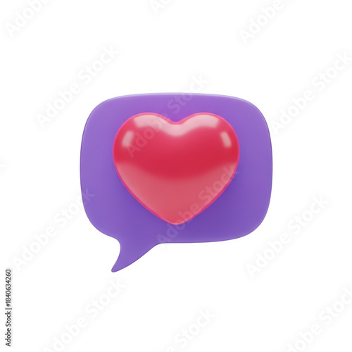 Glossy red heart symbol inside a purple speech bubble isolated on transparent background