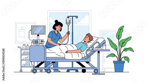 Nurse checking IV drip for patient in hospital bed. Clean flat vector illustration for medical care, treatment monitoring, and clinical services