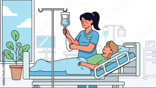 Nurse checking IV drip for patient in hospital bed. Clean flat vector illustration for medical care, treatment monitoring, and clinical services
