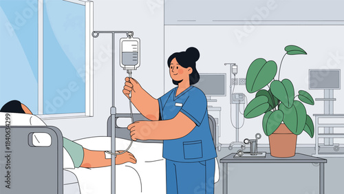 Nurse checking IV drip for patient in hospital bed. Clean flat vector illustration for medical care, treatment monitoring, and clinical services