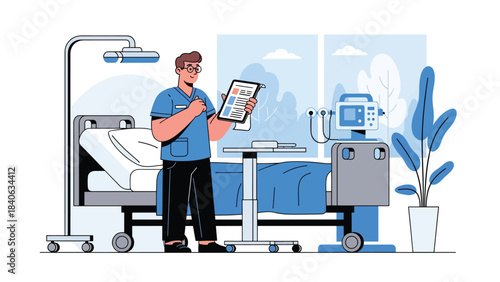 Doctor reviewing patient chart beside hospital bed. Flat vector medical scene for diagnosis, treatment planning, and healthcare communication