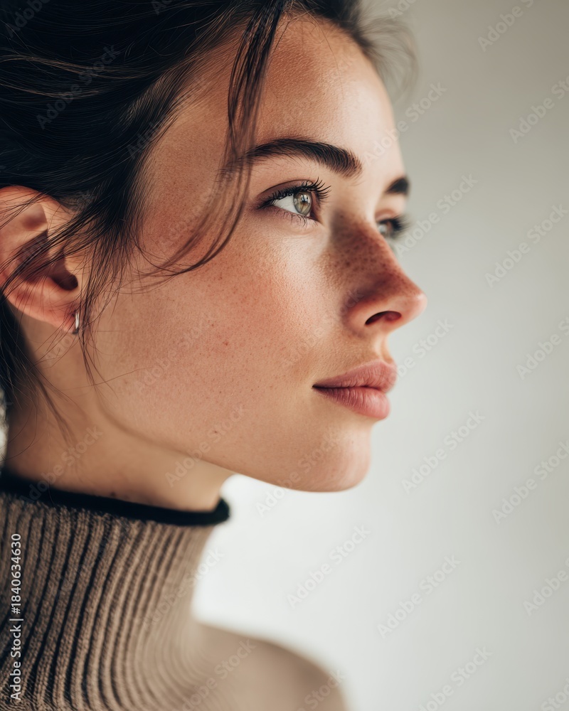 Fototapeta premium calm thoughtful woman looking sideways, minimalistic background