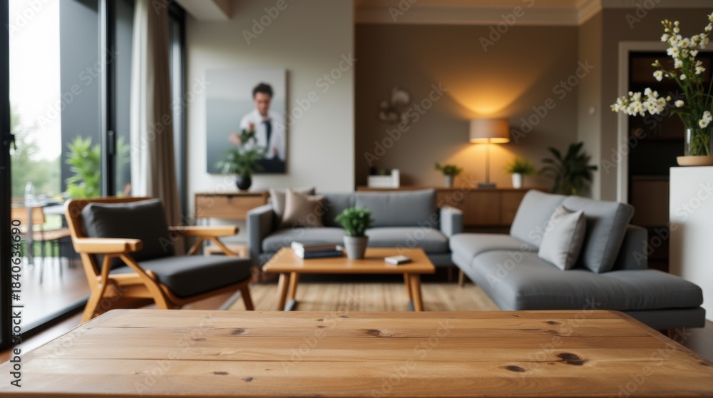Fototapeta premium empty wooden table with burred Stylish living room setup modern apartment interior design cozy atmosphere close-up home decor 