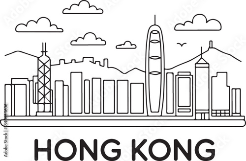 Continuous Line Art of Hong Kong Skyline with Symmetrical Harbor Shape Minimal Outline Illustration