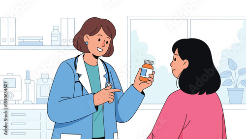 Doctor explaining medication instructions to patient. Flat vector illustration for healthcare guidance, pharmacy support, and medical consultation