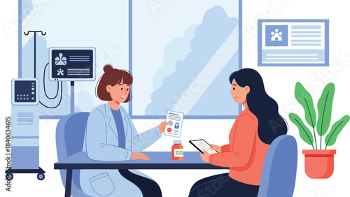 Doctor explaining medication instructions to patient. Flat vector illustration for healthcare guidance, pharmacy support, and medical consultation