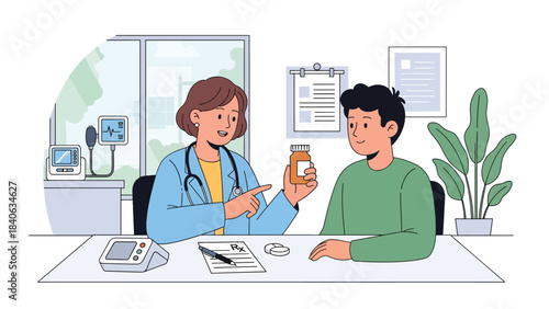 Doctor explaining medication instructions to patient. Flat vector illustration for healthcare guidance, pharmacy support, and medical consultation