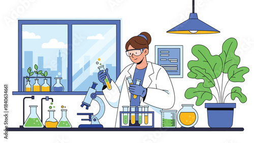 Scientist examining test tubes in a modern medical laboratory. Flat vector science illustration for research, diagnostics, and laboratory equipment
