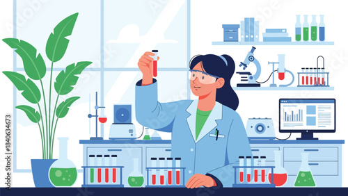 Scientist examining test tubes in a modern medical laboratory. Flat vector science illustration for research, diagnostics, and laboratory equipment