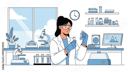 Scientist examining test tubes in a modern medical laboratory. Flat vector science illustration for research, diagnostics, and laboratory equipment