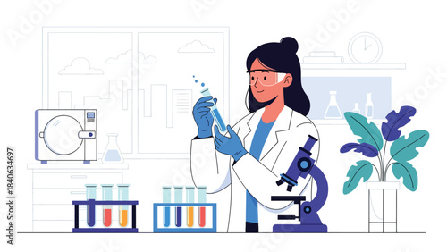 Scientist examining test tubes in a modern medical laboratory. Flat vector science illustration for research, diagnostics, and laboratory equipment