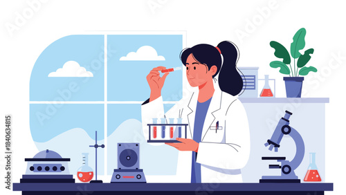 Scientist examining test tubes in a modern medical laboratory. Flat vector science illustration for research, diagnostics, and laboratory equipment
