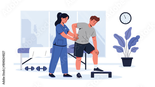 Physiotherapist guiding patient through stretching exercise in therapy room. Flat vector illustration for rehabilitation, recovery, and physical therapy