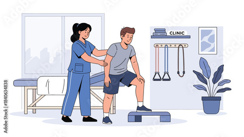 Physiotherapist guiding patient through stretching exercise in therapy room. Flat vector illustration for rehabilitation, recovery, and physical therapy