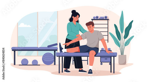 Physiotherapist guiding patient through stretching exercise in therapy room. Flat vector illustration for rehabilitation, recovery, and physical therapy
