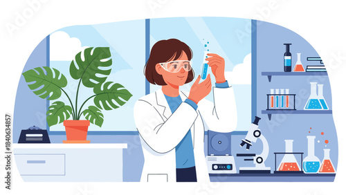 Scientist examining test tubes in a modern medical laboratory. Flat vector science illustration for research, diagnostics, and laboratory equipment