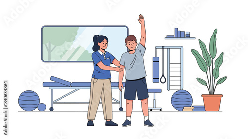 Physiotherapist guiding patient through stretching exercise in therapy room. Flat vector illustration for rehabilitation, recovery, and physical therapy