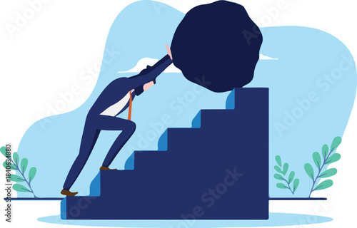Businessman adversity - Man pushing heavy rock up stairs, business problem and difficulty concept, flat design on white background.