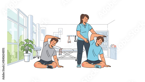 Physiotherapist guiding patient through stretching exercise in therapy room. Flat vector illustration for rehabilitation, recovery, and physical therapy