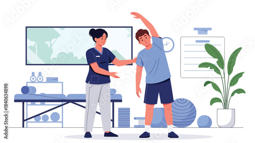 Physiotherapist guiding patient through stretching exercise in therapy room. Flat vector illustration for rehabilitation, recovery, and physical therapy