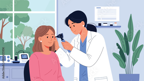 Doctor checking patient’s ear with otoscope. Flat vector illustration for ear examination, diagnosis, ENT services, and modern healthcare