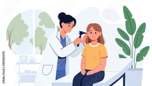 Doctor checking patient’s ear with otoscope. Flat vector illustration for ear examination, diagnosis, ENT services, and modern healthcare