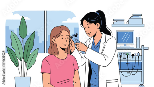 Doctor checking patient’s ear with otoscope. Flat vector illustration for ear examination, diagnosis, ENT services, and modern healthcare