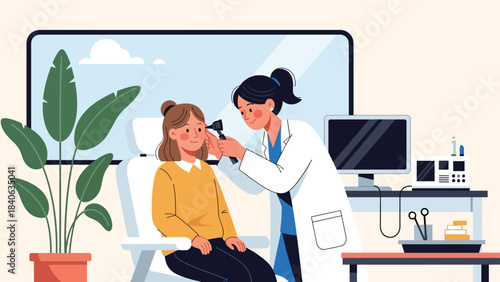 Doctor checking patient’s ear with otoscope. Flat vector illustration for ear examination, diagnosis, ENT services, and modern healthcare