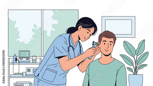 Doctor checking patient’s ear with otoscope. Flat vector illustration for ear examination, diagnosis, ENT services, and modern healthcare