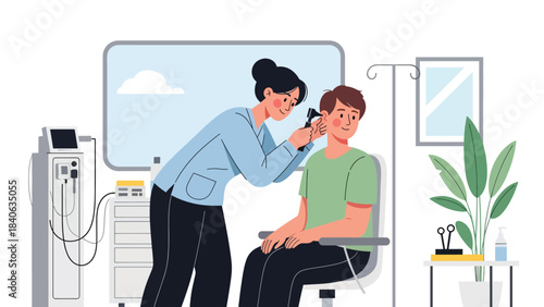Doctor checking patient’s ear with otoscope. Flat vector illustration for ear examination, diagnosis, ENT services, and modern healthcare