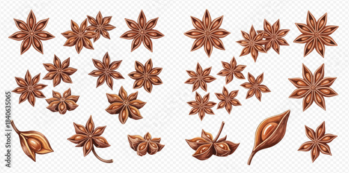 Collection of various star anise spices and seeds on a transparent background, perfect for culinary and decorative designs.