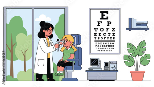 Doctor conducting vision test using letter chart. Flat vector illustration for eye exam, vision care, optometry, and clinical diagnostics