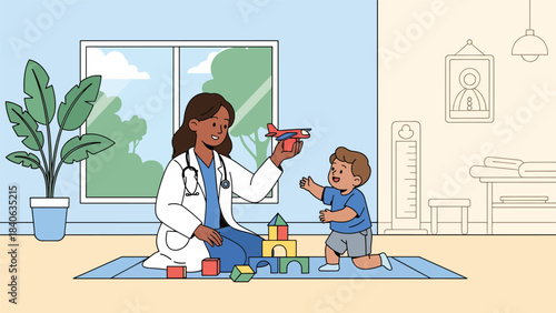 Pediatrician comforting child patient during check-up. Flat vector pediatric health illustration for family care, clinic visits, and child wellness