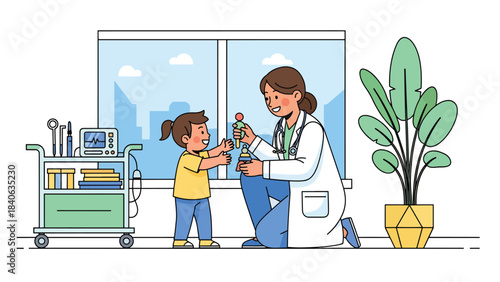 Pediatrician comforting child patient during check-up. Flat vector pediatric health illustration for family care, clinic visits, and child wellness
