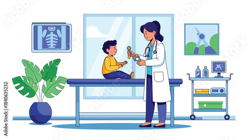 Pediatrician comforting child patient during check-up. Flat vector pediatric health illustration for family care, clinic visits, and child wellness