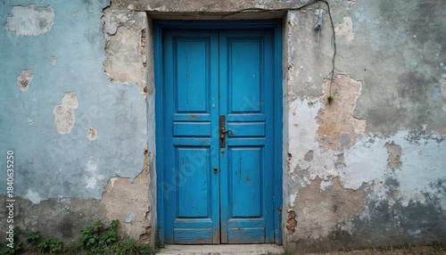 Fototapeta Naklejka Na Ścianę i Meble -  Bright blue wooden door set in weathered distressed old wall. Peeling paint, rough textures, cracks show great age, neglect. Small green plants grow near crumbling facade. Vintage entrance suggests