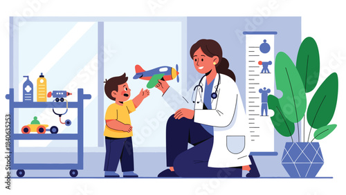 Pediatrician comforting child patient during check-up. Flat vector pediatric health illustration for family care, clinic visits, and child wellness