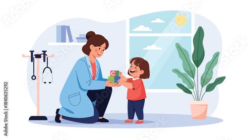 Pediatrician comforting child patient during check-up. Flat vector pediatric health illustration for family care, clinic visits, and child wellness