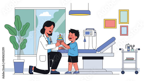 Pediatrician comforting child patient during check-up. Flat vector pediatric health illustration for family care, clinic visits, and child wellness