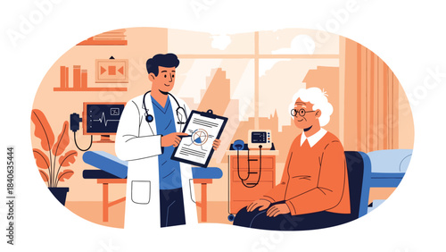 Doctor giving health explanation to elderly patient in clinic. Flat vector illustration for senior care, consultation, and medical communication