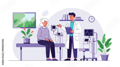 Doctor giving health explanation to elderly patient in clinic. Flat vector illustration for senior care, consultation, and medical communication