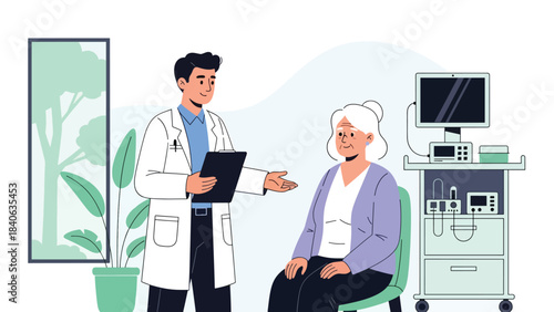 Doctor giving health explanation to elderly patient in clinic. Flat vector illustration for senior care, consultation, and medical communication
