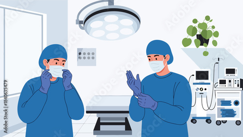 Surgeon preparing for operation with gloves and mask. Flat vector medical illustration for surgery, operation room, and hospital procedures