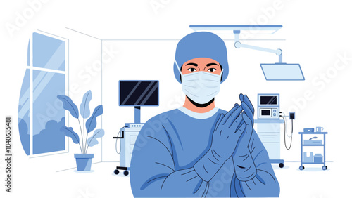 Surgeon preparing for operation with gloves and mask. Flat vector medical illustration for surgery, operation room, and hospital procedures
