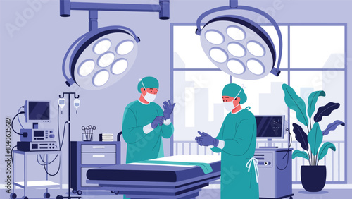 Surgeon preparing for operation with gloves and mask. Flat vector medical illustration for surgery, operation room, and hospital procedures