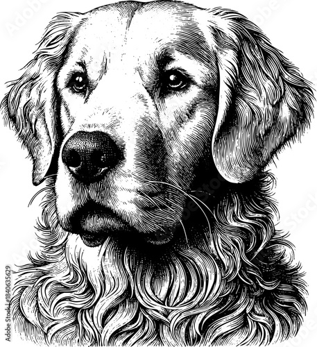 Realistic Golden Retriever portrait illustration, capturing attentive expression and characteristic features. Artwork meticulously details Golden Retriever wavy fur and kind eyes,