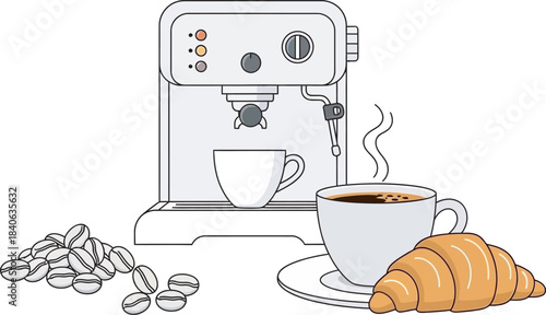 Coffee machine with croissant and coffee beans a sketch style illustration