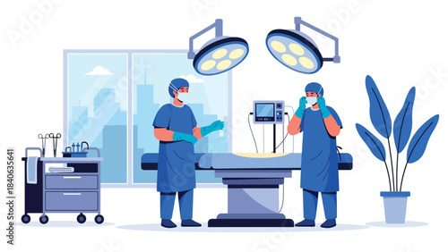 Surgeon preparing for operation with gloves and mask. Flat vector medical illustration for surgery, operation room, and hospital procedures