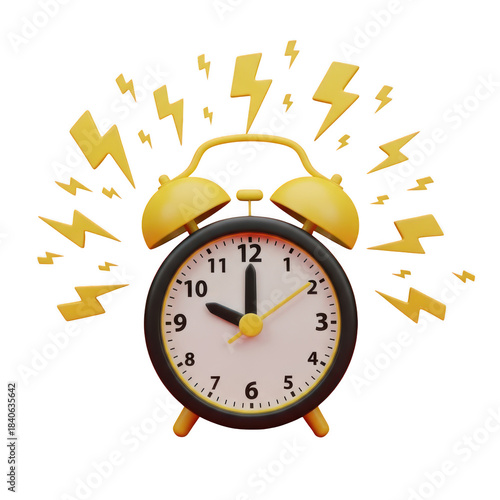 Retro yellow alarm clock with loud ringing sound and lightning bolts isolated on transparent background